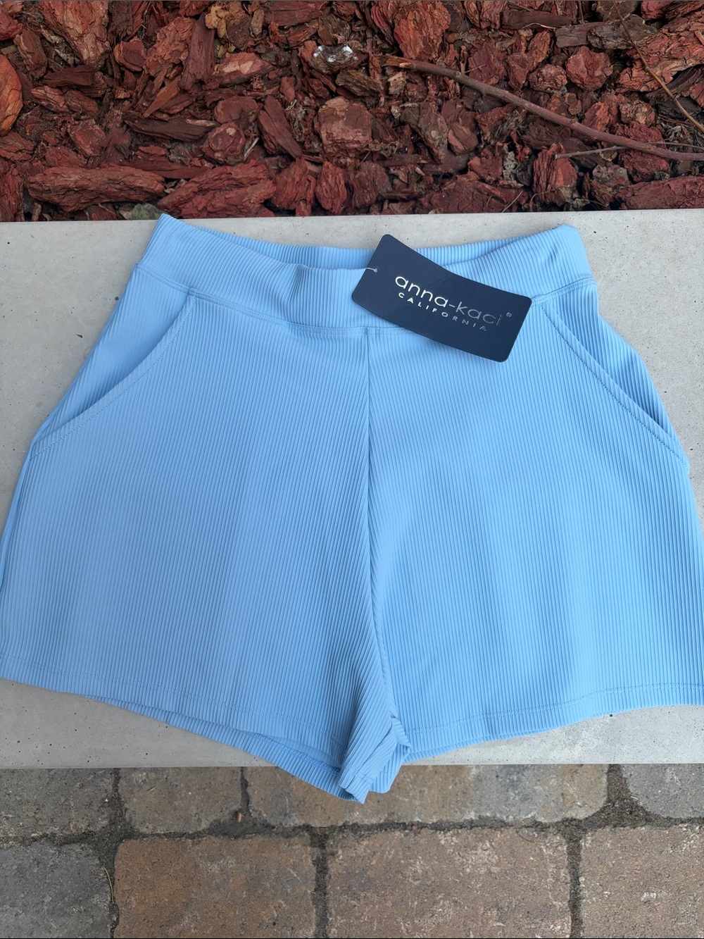 Anna-Kaci Light Blue Ribbed High-Waist Athletic Shorts